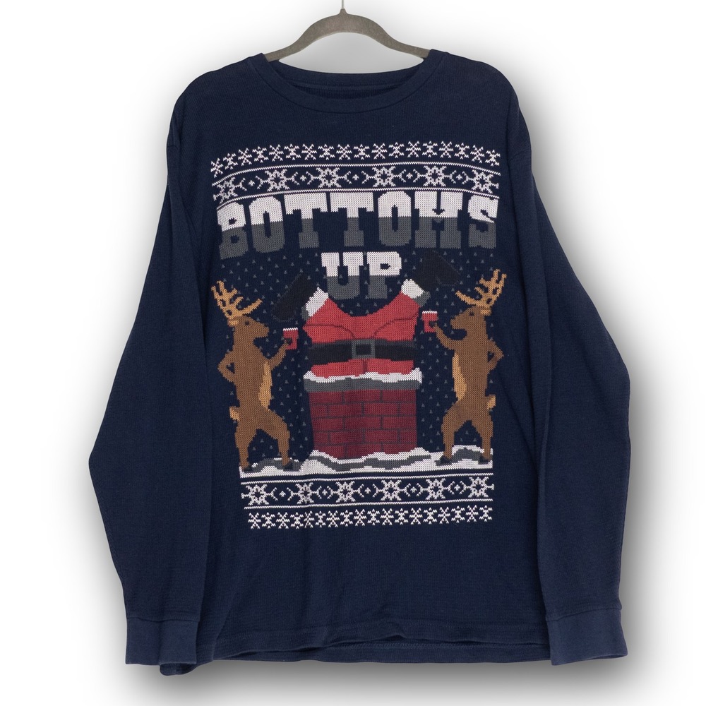Dec. 25th Thermal Shirt Mens XL Navy‎ Blue Bottoms Up Santa Christmas Graphic